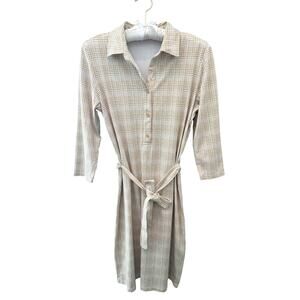 J. MCLAUGHLIN | Beige Grid Print Tie Waist Shirt Dress Preppy Classic | Small